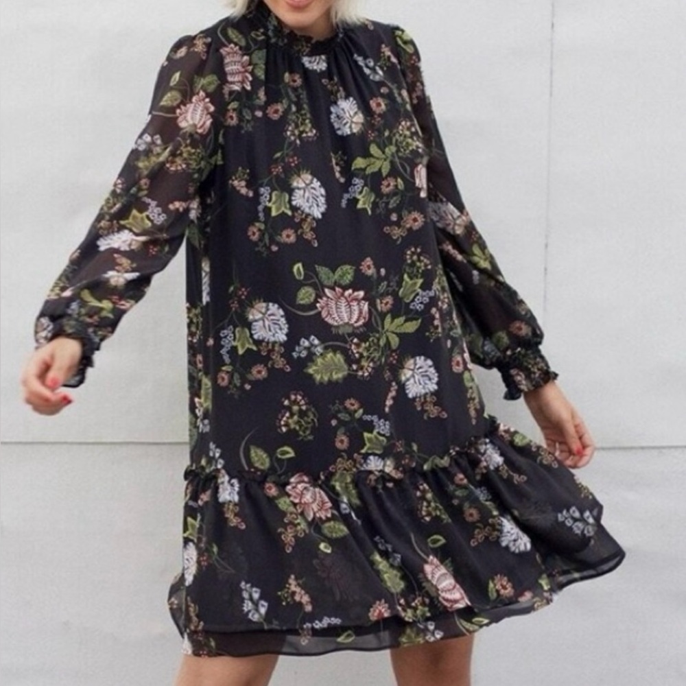 LOFT Floral Smocked Mock Neck Long Sleeve Ruffle Hem Dress - Size XS